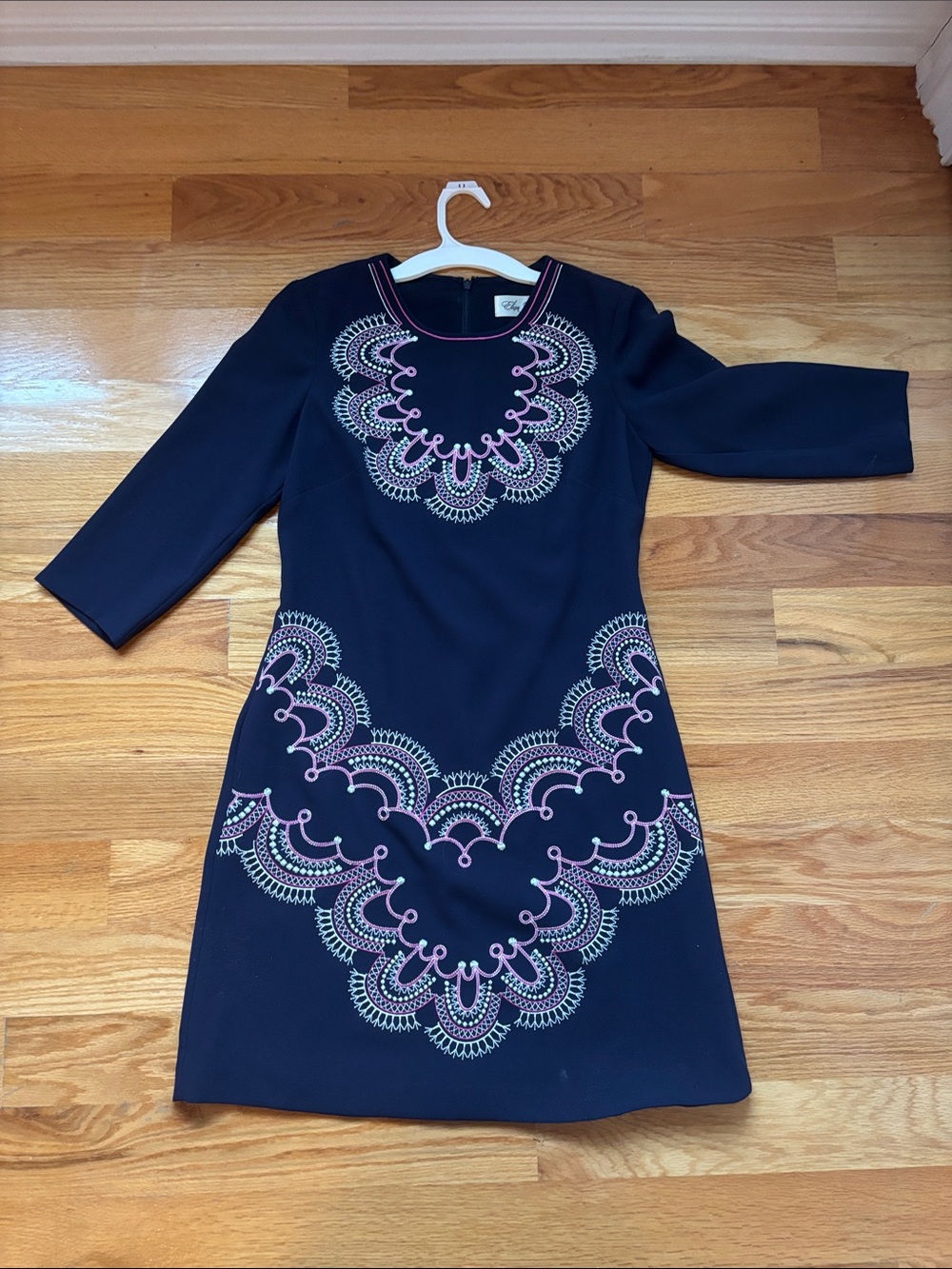 Eliza J Navy Dress with Pink & White Embroidered Scallops